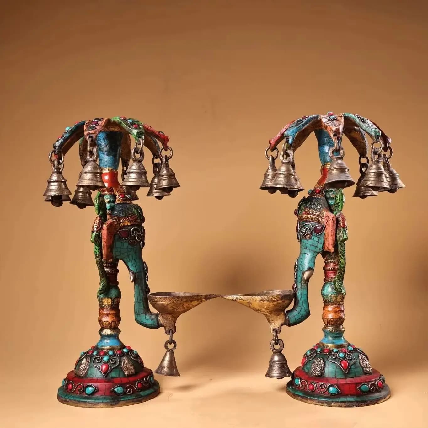 11"Tibetan Temple Collection Old Bronze Outline in gold Gem Turquoise Elephant Trunk Ganesh Buddha Bell Candlestick A Pair