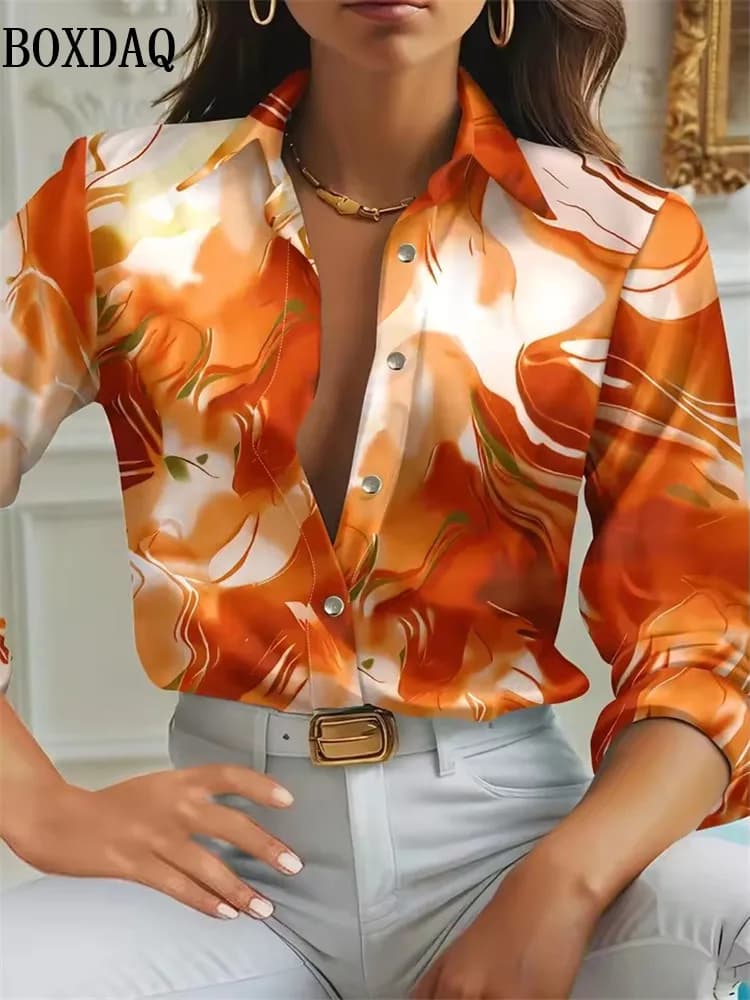 Camicetta a maniche lunghe con stampa di motivi in marmo 3D tie-dye astratta delle nuove donne Moda Primavera Autunno Camicie larghe con bottoni risvolto casual