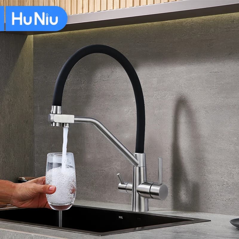 Rubinetto da cucina con filtro HuNiu Rubinetti per lavello Rubinetti per spruzzatore a flusso estraibile Miscelatore da cucina girevole in acciaio inossidabile Rubinetto per acqua