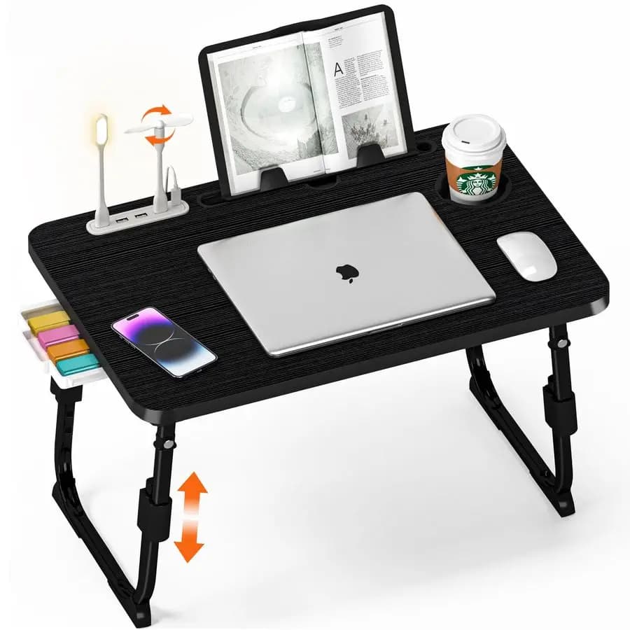 Height Adjustable Bed Table, Bed Table with USB, Storage Box, Glass Holder, Tablet Holder, Book shelf, Breakfast Folder