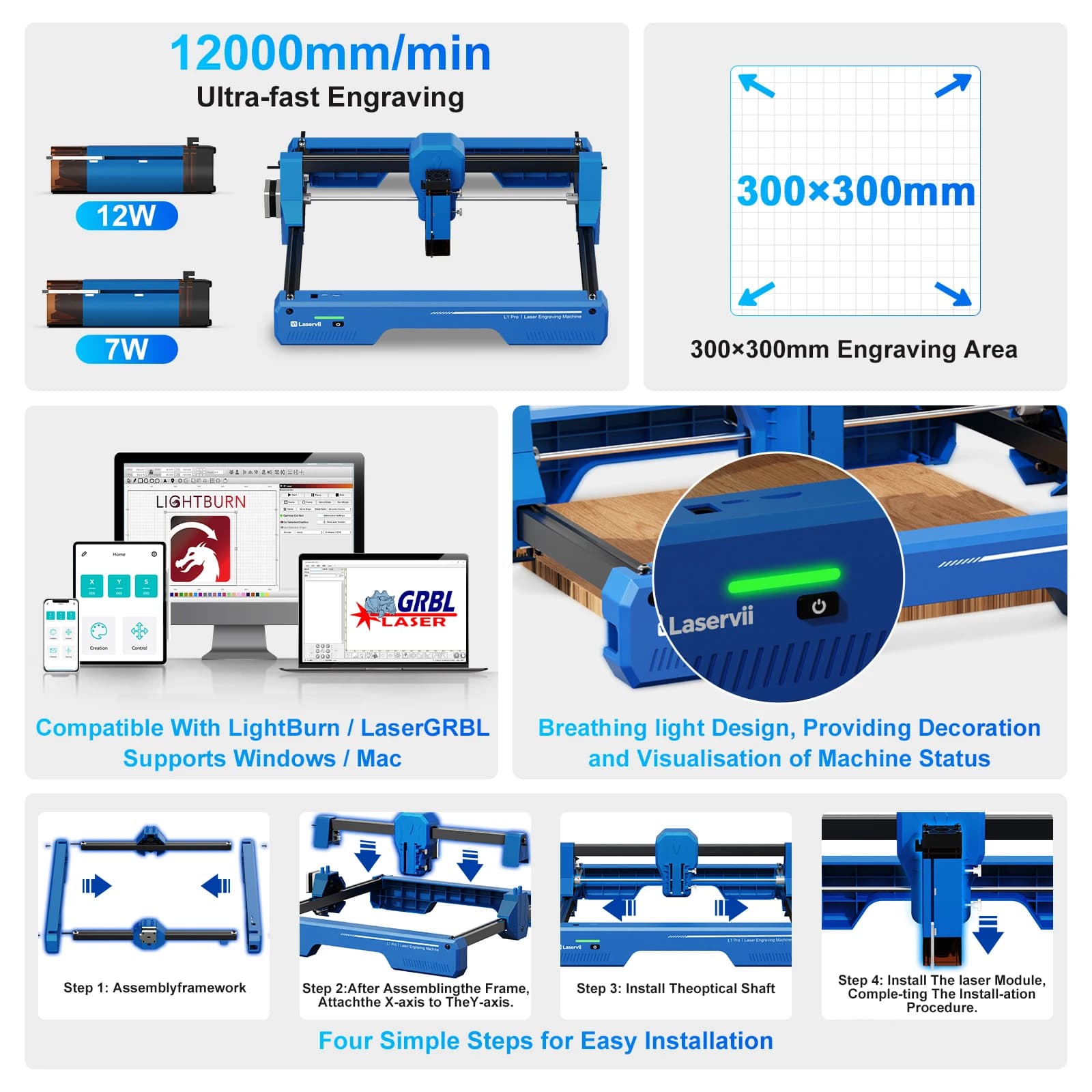Laservii L1 Pro 7W 12W Desktop Laser Engraving Cutting Machine, 300×300mm Workspace,Software, Engrave Wood Metal Acrylic Leather