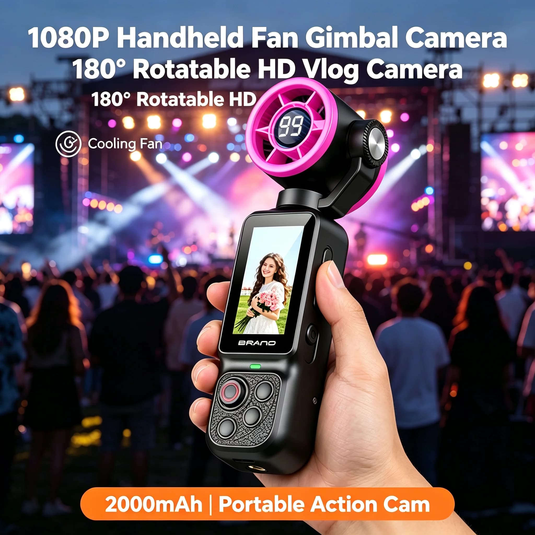 1080P Handheld Fan Gimbal Camera 180 Degree Rotatable HD Vlog Camera With Cooling Fan 2000mAh Portable Action Cam For Outdoor