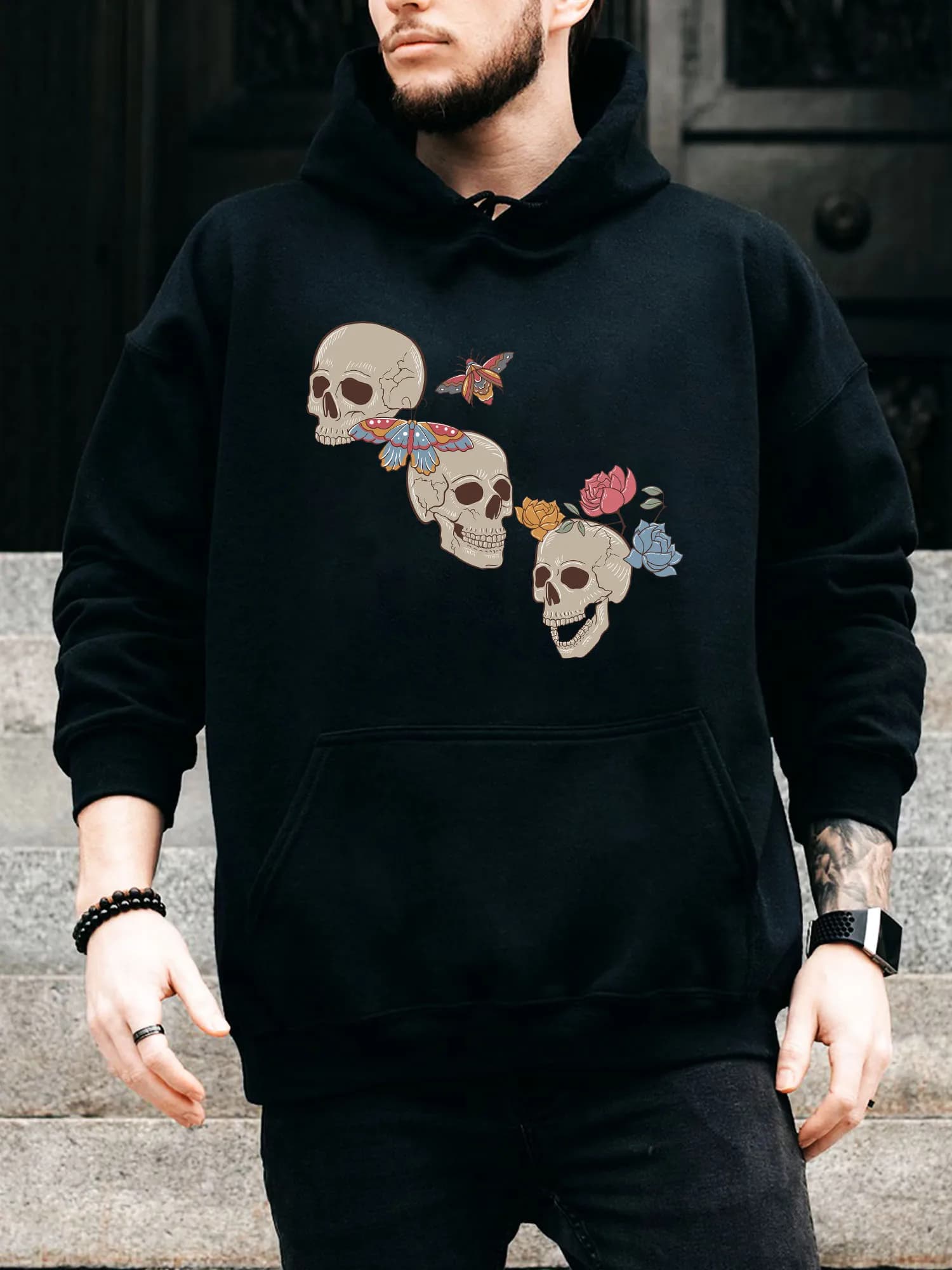 Felpa con cappuccio da uomo con coulisse Three Skull Heads - Pullover nero casual e confortevole, felpa con cappuccio autunno e inverno