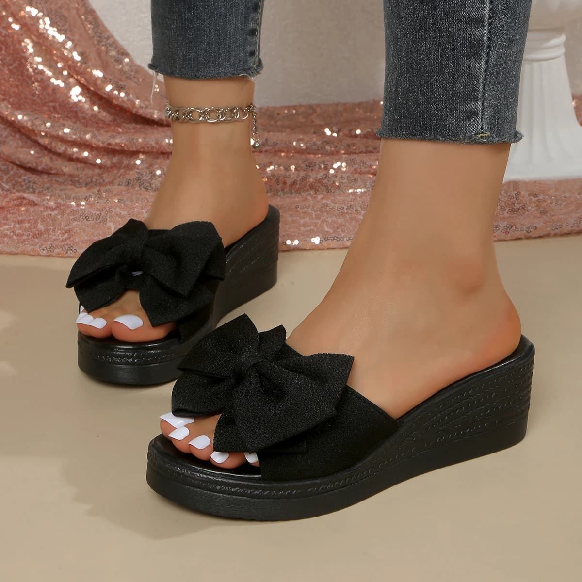Ciabatte con fiocco e nappine da donna, estive, con suola spessa, piatte, da indossare all'aperto, casual, da spiaggia, sandali da casa per donna