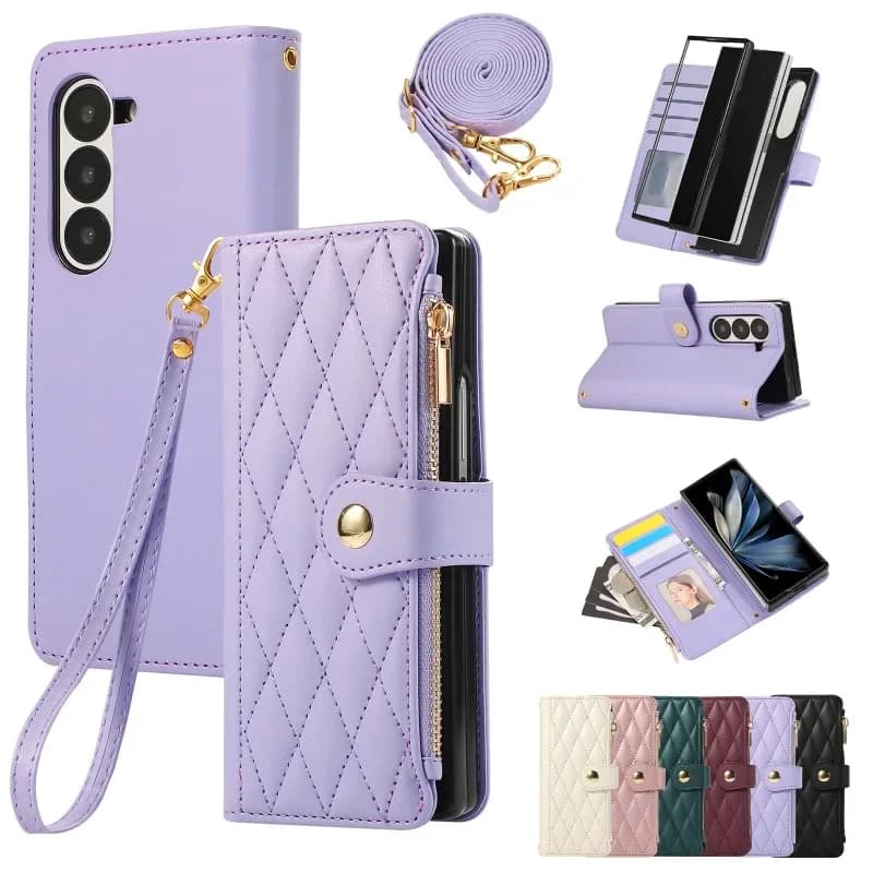 Portafoglio con cinturino da polso a tracolla con porta carte Custodia per telefono per Samsung Galaxy Z Fold 7 6 5 4 Fold6 Fold5 Fold4 Fold3 Cover in pelle