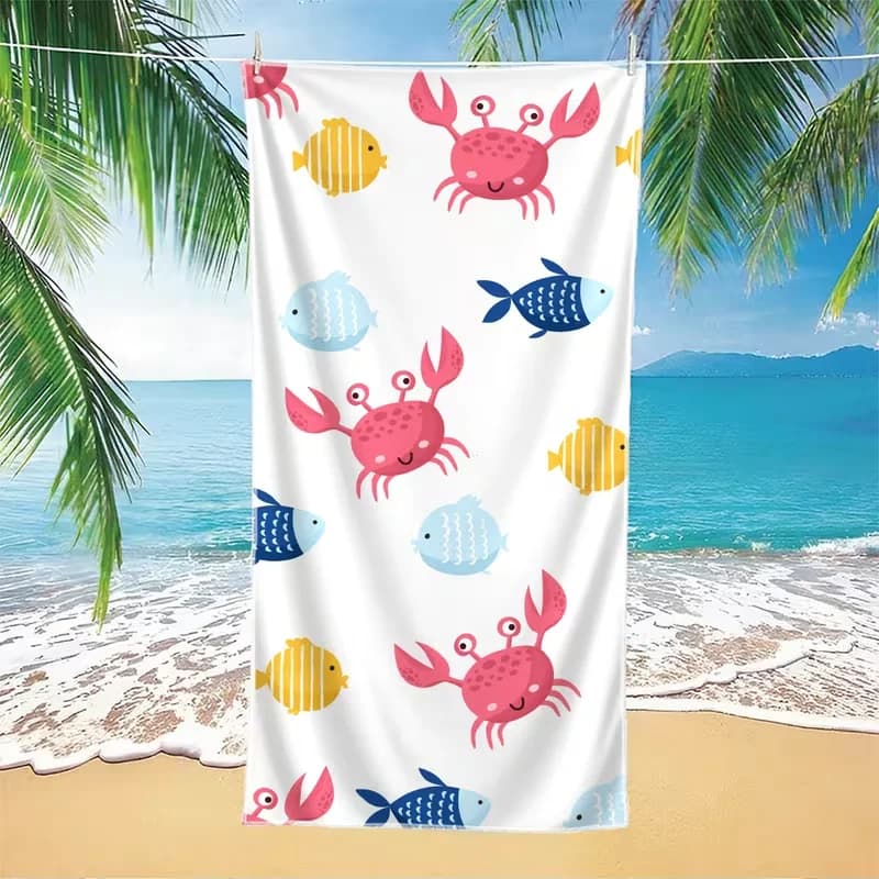 Simpatico telo mare con stampa di granchi e pesci, motivo vita marina, coperta estiva da spiaggia, ad asciugatura rapida, leggero e assorbente, per viaggi al mare