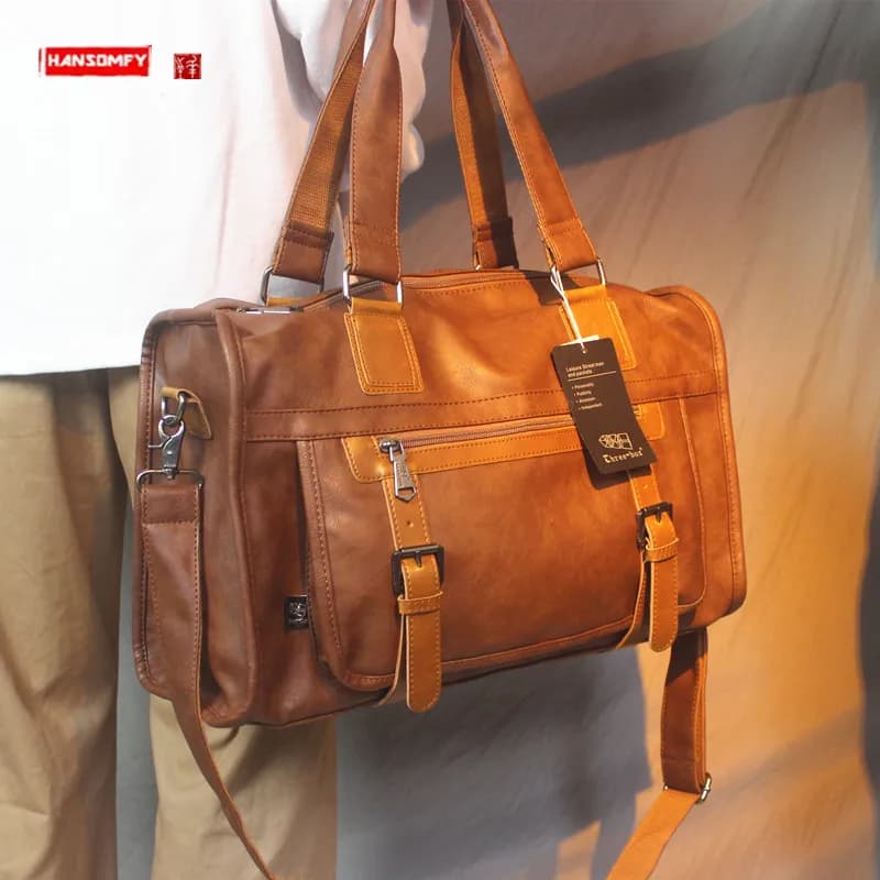 2026 New Soft Leather Men's Large Capacity Handbag Short Distance Travel Business Trip Luggage Bag Crossbody Shoulder Bag Compu
