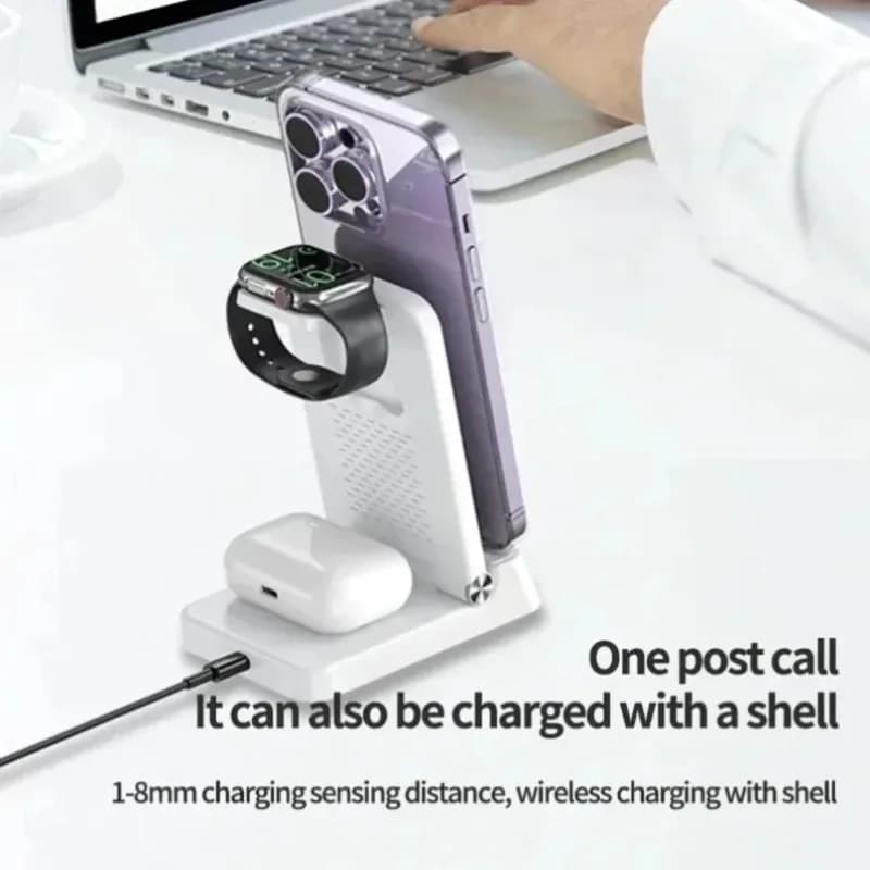 Multifunctional 4 in 1 Wireless Charging Station with Digital Alarm Clock Fast Charger Dock for iPhone Watch Earbuds Bedside Use
