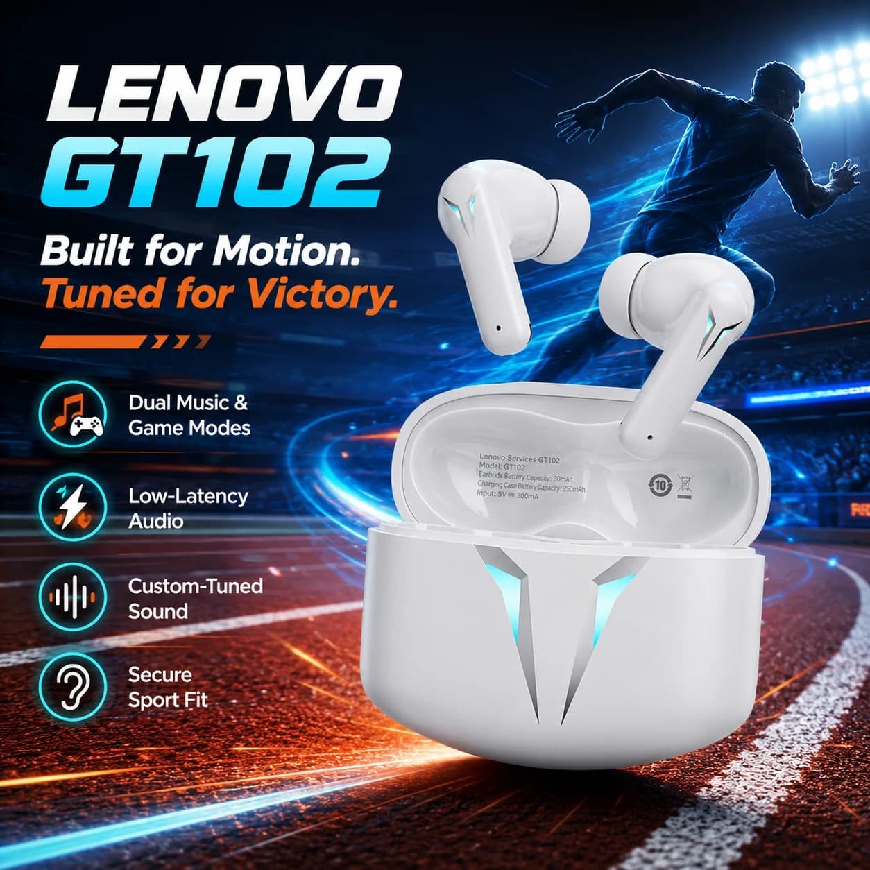 Original Lenovo GT102 True Wireless Gaming Earphones Bluetooth 6.0 Earbuds E-sports Music Headset 30H Playtime Ultra-low Latency