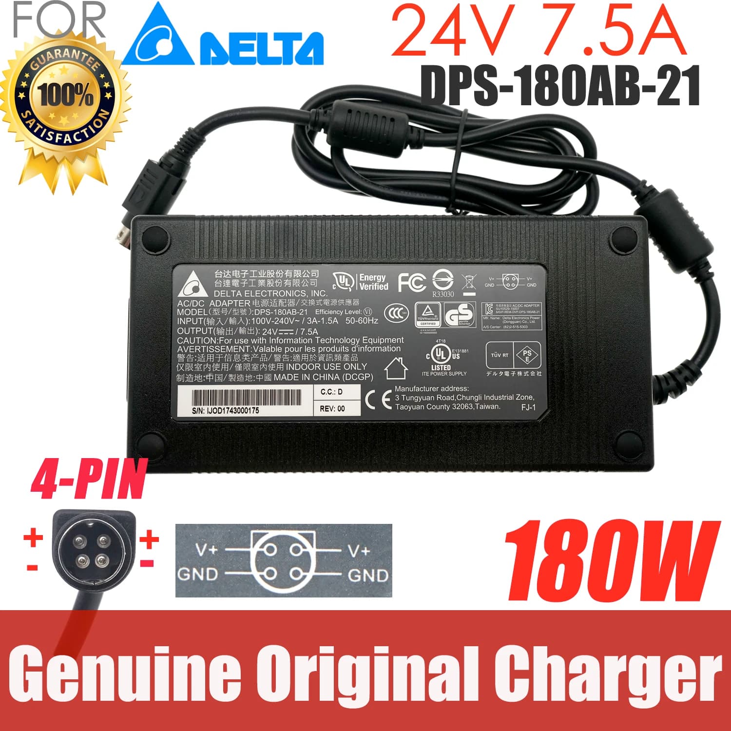 Delta DPS-180AB-21 24V 7.5A 4-PIN 180W AC Adapter Charger for SOLIDOODLE 3D PRINTER TARGA LT3010 CIRCULAR LCD TVPower Supply