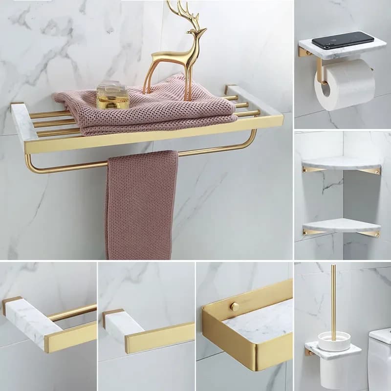 Accessori da bagno Mensola da bagno in oro spazzolato, portasciugamani, portasciugamani porta carta, porta scopino in marmo e ottone