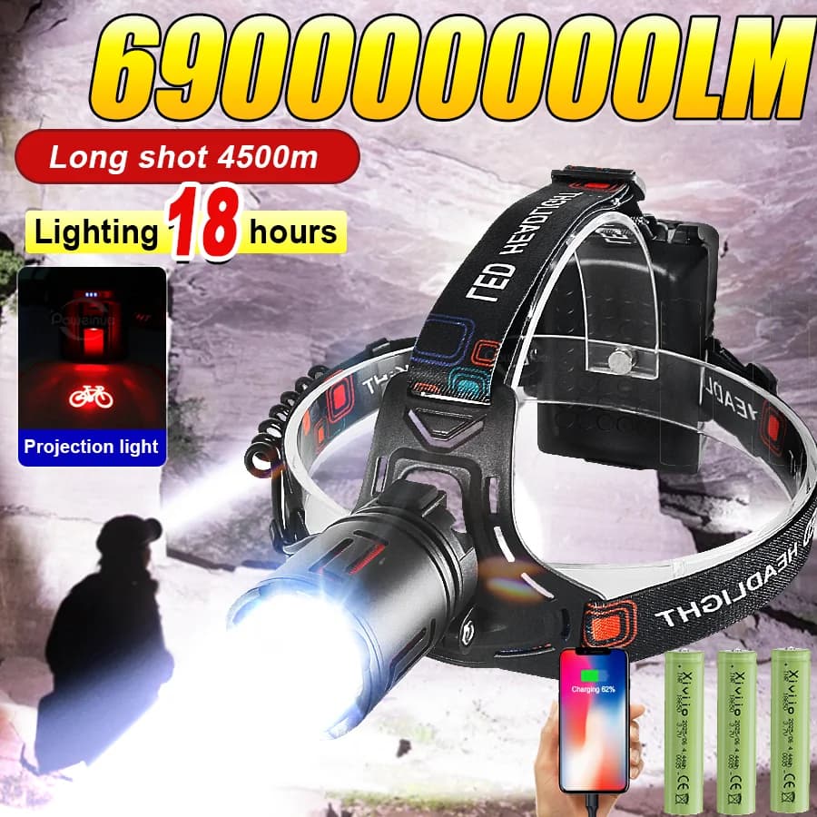 690000000LM Lampada frontale ultra potente 3 * 18650 Lampada frontale a LED ricaricabile USB Super luminosa 4000M Torcia frontale Pesca Caccia