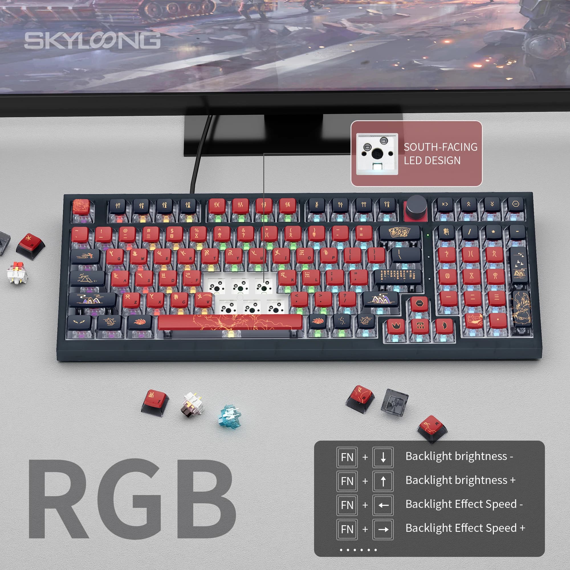 SKYLOONG GK980 VIA gaming keyboard USB-C wired connect south face rgb LED pbt pudding keycap 95% profile metal knob PC accessory
