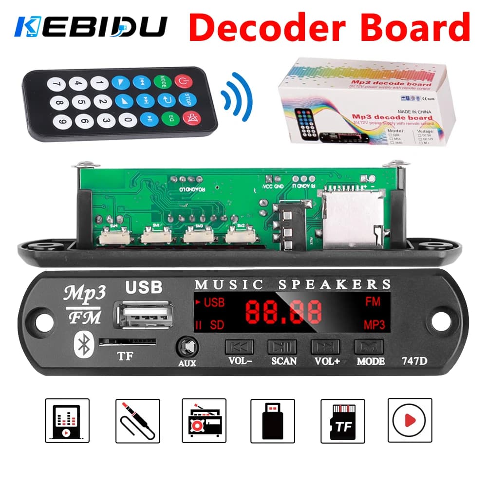 Scheda Decoder MP3 WAV Bluetooth 5.3 KEBIDU, Lettore MP3 Wireless per Auto 12V DC, Lettore Musicale Fai-da-Te per Casa, Radio FM USB AUX TF per Altoparlanti