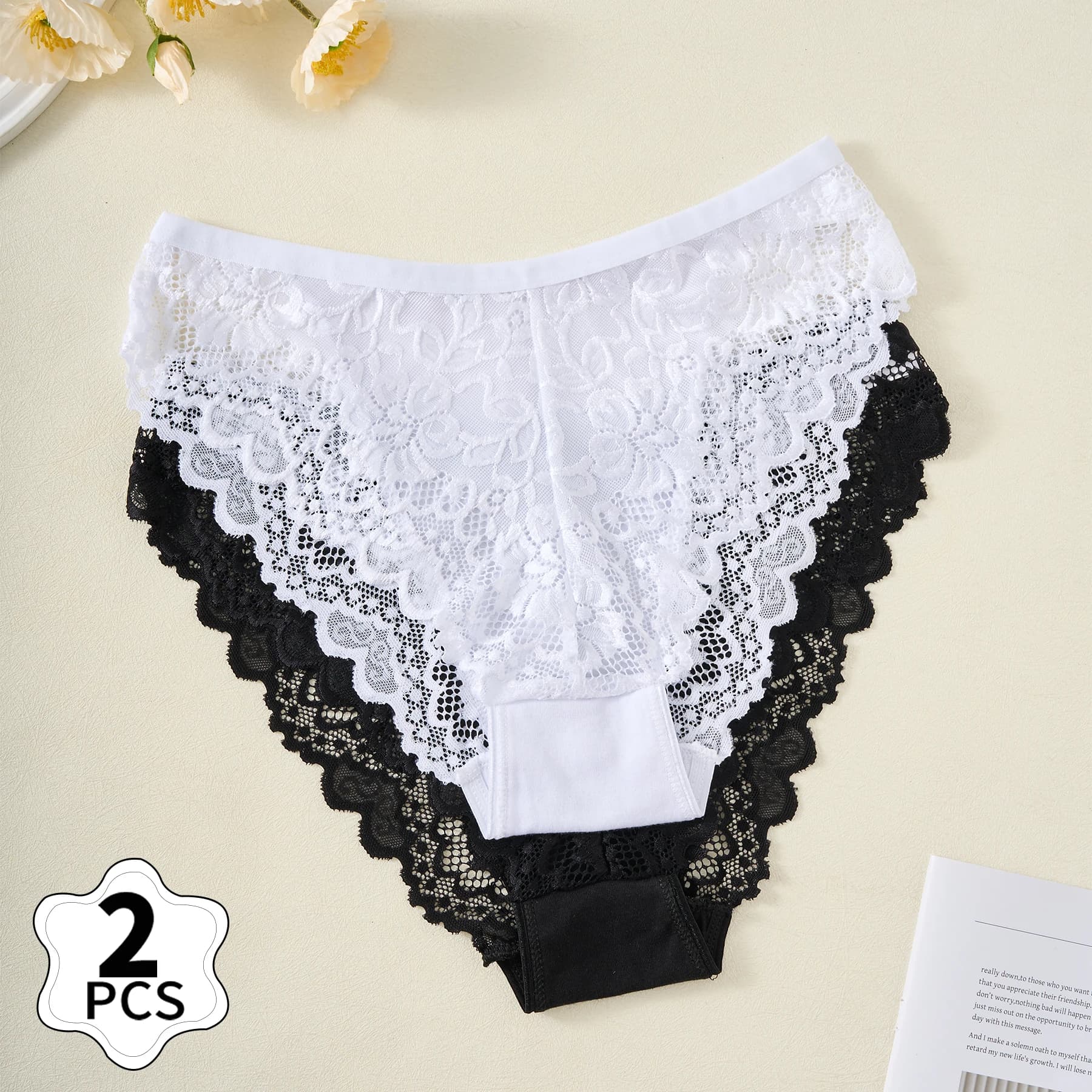 2PCS Hollow Out Lace Floral Sexy Lingerie for Woman Solid Color Comfortable Underwear Female Seamless Briefs Hot Sale Panties