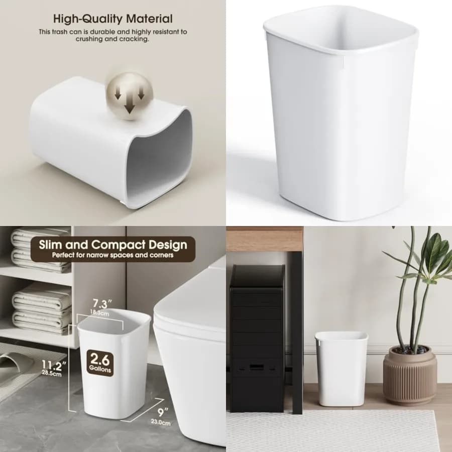 Piccolo Cestino per Bagno, Contenitore per Rifiuti Sottile da 2,6 Galloni, Mini Bidone della Spazzatura in Plastica per Dormitorio, Camera da Letto, Ufficio, Bagno (Bianco)