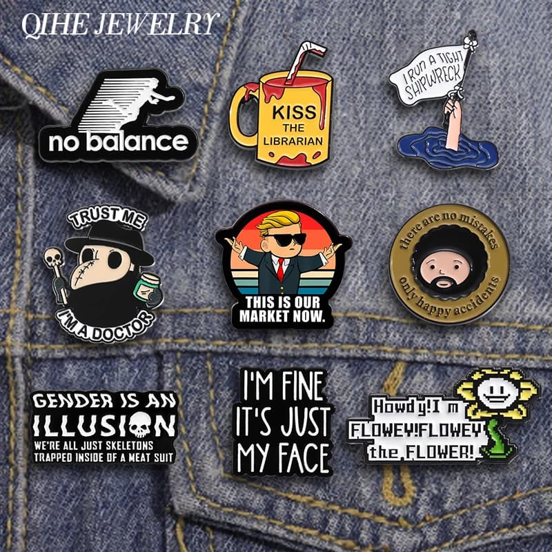 I'm Fine It's Just My Face Enamel Pin Funny Sarcastic Animal Figure Brooches Backpack Lapel Badges Punk Jewelry Gift for Friends