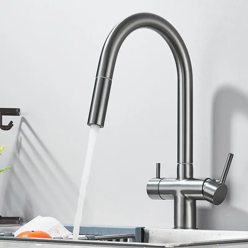 Gun Grey Pull Out Kitchen Sink Faucet Dual Handle Filtered Faucet Two Model Stream Sprayer Nozzle Brass Hot Cold Wate Mixer Tap