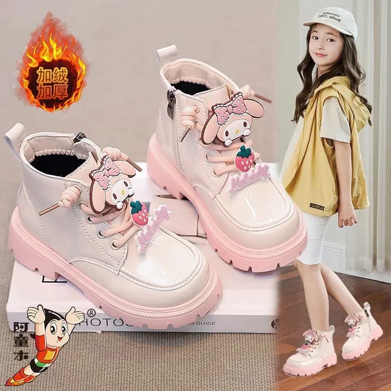 Sanrio My Melody Stivali in pelle per ragazze con suola morbida Comfort antiscivolo Autunno Inverno Kuromi Nuovi stivali corti per bambini Scarpe di cotone dolce