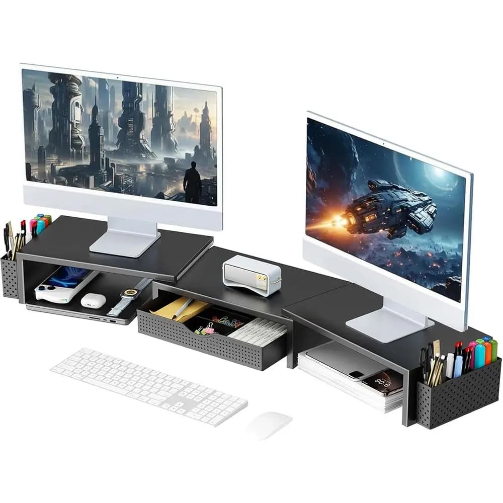 Support for Double Monitor, Desk Organizer with Drawer and 2 Sides, Monitor shelf, Black