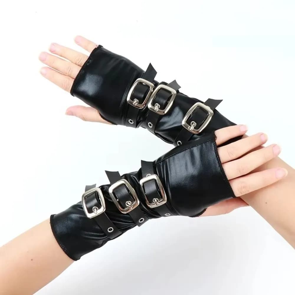 Solid Color Punk Arm Sleeves Lacquer Leather Metal Buckle Dark Gothic Arm Covers Wristband Lightweight Half-arm Sleeve Gloves