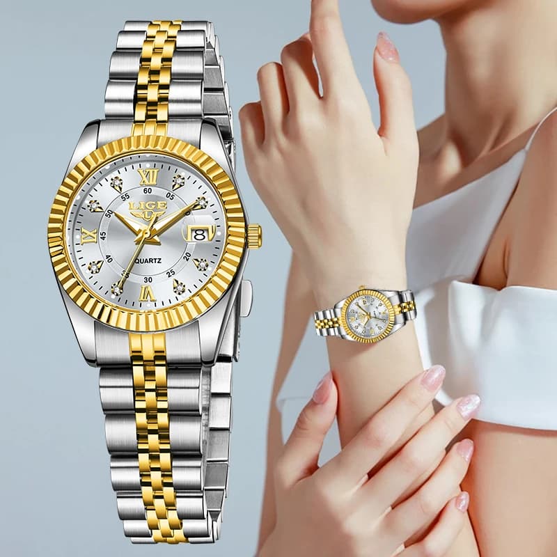 LIGE Orologio da donna elegante alla moda quadrante piccolo cinturino in acciaio di lusso impermeabile con data automatica orologi da donna al quarzo con diamanti Reloj Mujer
