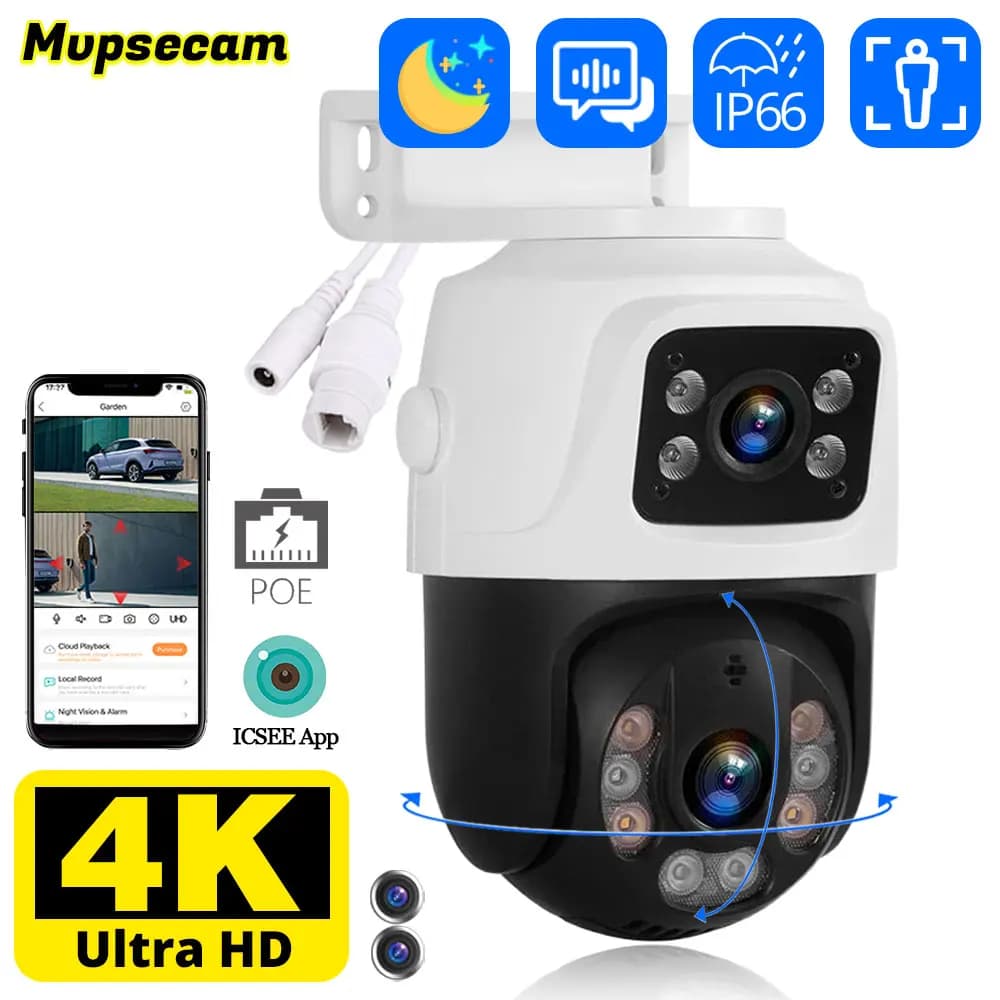 Telecamera IP POE a doppio obiettivo da 8 MP 4K PTZ a doppio schermo Smart Home 360 ° Telecamera IP di videosorveglianza cablata Rilevazione movimento CCTV ICsee