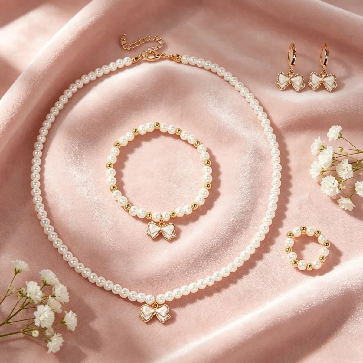 Adorabile Set di Gioielli con Farfalla, Fiocco e Perle: Collana, Bracciale, Anello e Orecchini, Nuova Tendenza per Ragazze, Regalo per Baby Shower