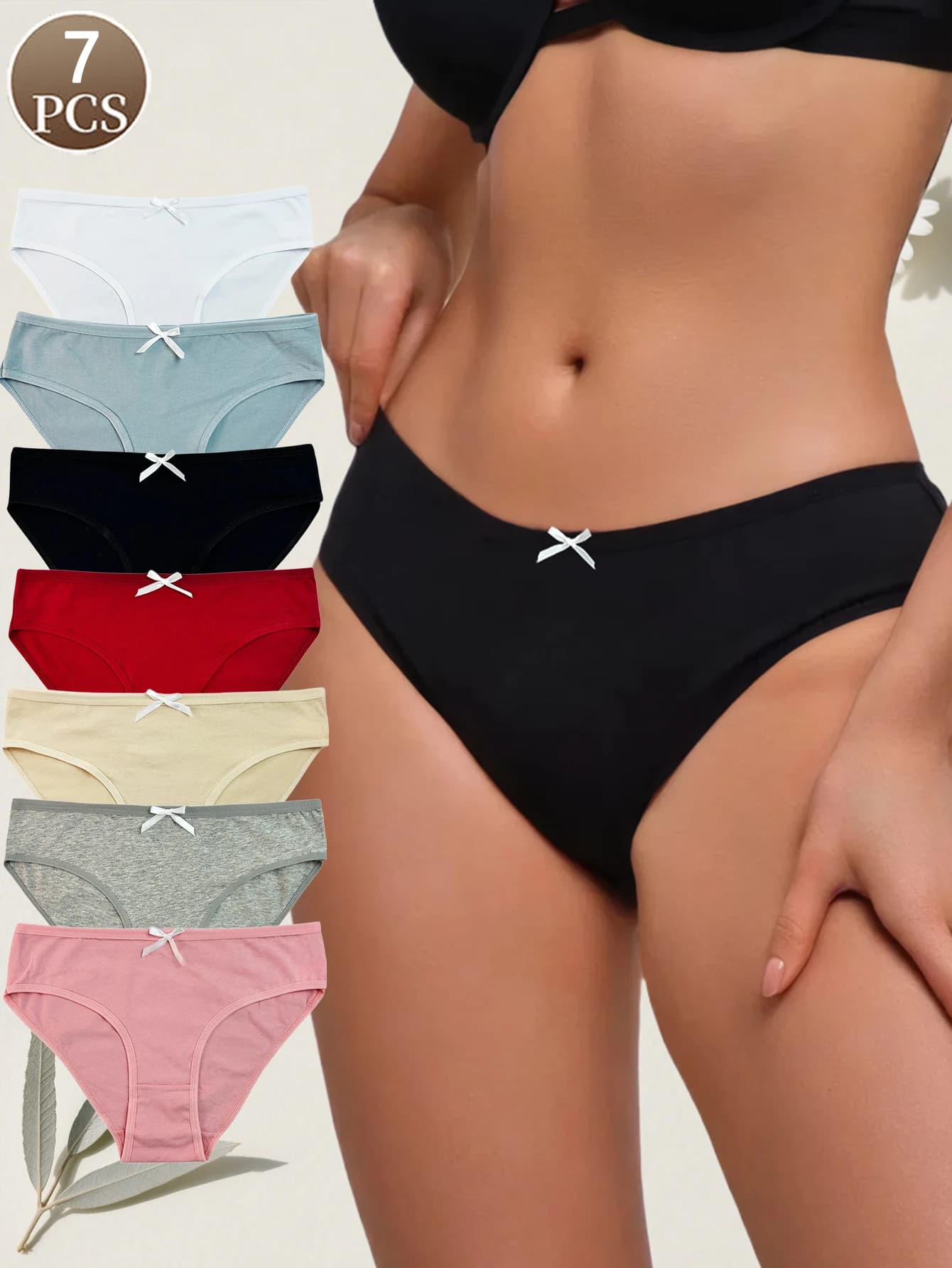 7PCS women's briefs solid color knitted fashionable bow women's casual sports underwear mid waist comfortable soft women's brief