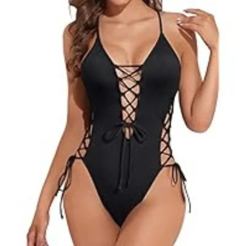 2025 Women Deep V Neck Push Up Sexy One Piece Swimsuits Female Strappy Bathing Suits Criss Cross Monokini Lace Up Swimwear