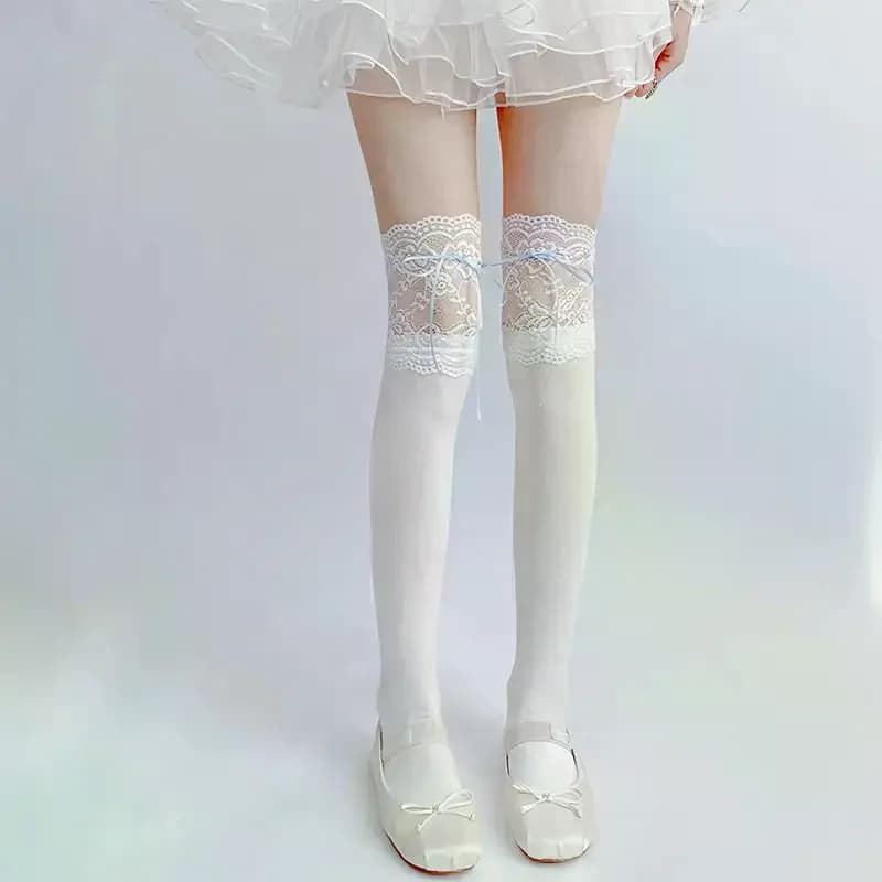 Calze sopra il ginocchio con fiocco in stile balletto, calze in pizzo, calze traforate stile JK
