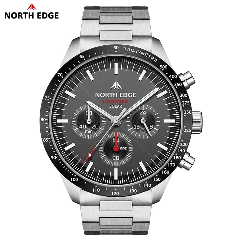 NORTH EDGE 2025 LONGWINGS Men's Quartz Watch Solar Energy Stopwatch Waterproof 50M Full Stainless Steel Light Pilot Watch 316