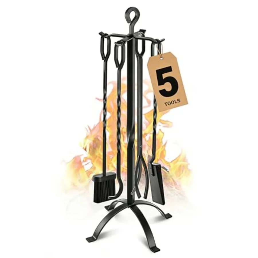 Set di Attrezzi per Caminetto Gtongoko, 5 Pezzi, 32 Pollici, Moderno in Ferro Battuto Nero, Set di Utensili per Fuoco per Esterni/Interni, Include Camino