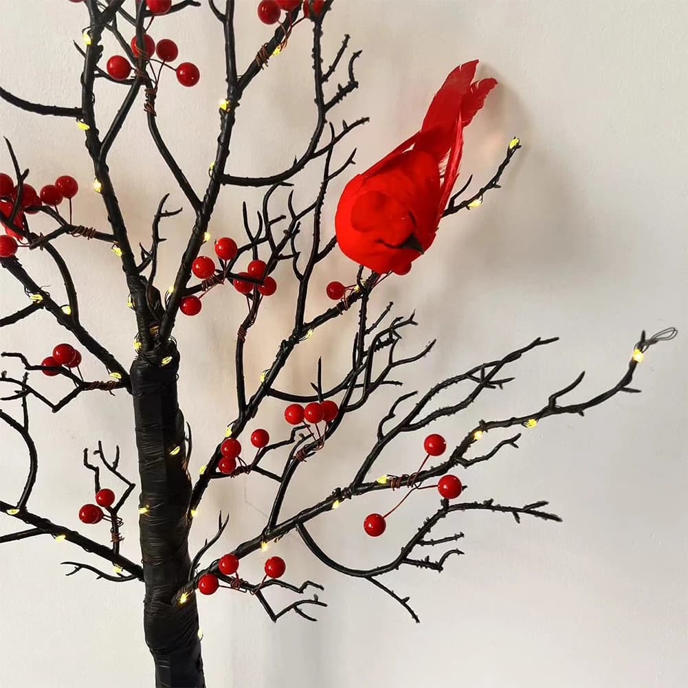 Mini albero luminoso albero illuminato con uccello rosso e bacche albero decorazione da tavolo luce fata LED a batteria per la decorazione domestica