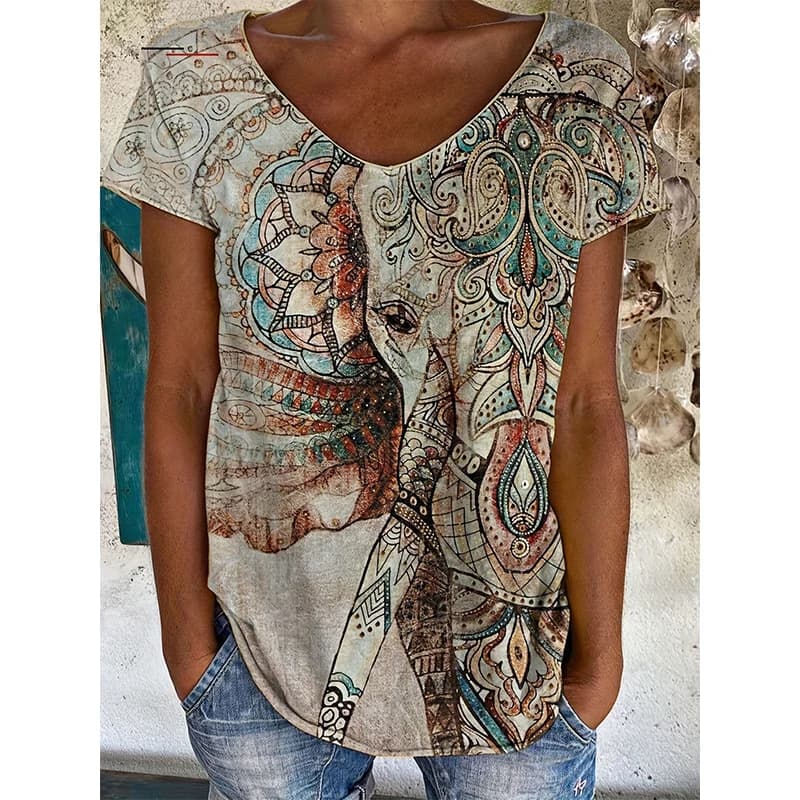 T-Shirt elefante indiano geometria etnica stampa floreale 3D donna Streetwear T-Shirt con scollo a v Harajuku Y2k Top oversize Tees Clothes