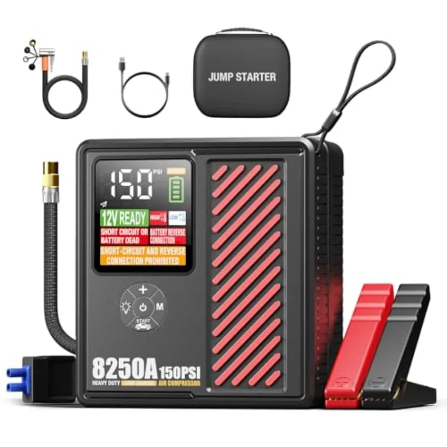 Avviatore di Emergenza JFEGWO 8250A con Compressore d'Aria 150PSI, Booster Batteria Auto 12V 24000mAh, Gonfiatore Pneumatici Portatile per Auto a Benzina 12L/Diesel 10L