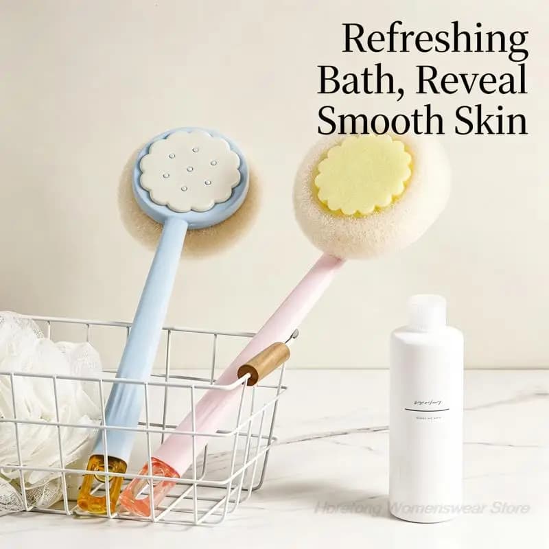 Bath Brush Long Handle Double Sided Cookie Shape 2 in 1 Loofah Sponge Non-Slip Grip Hanging Shower Brush for Home Spa Women Men