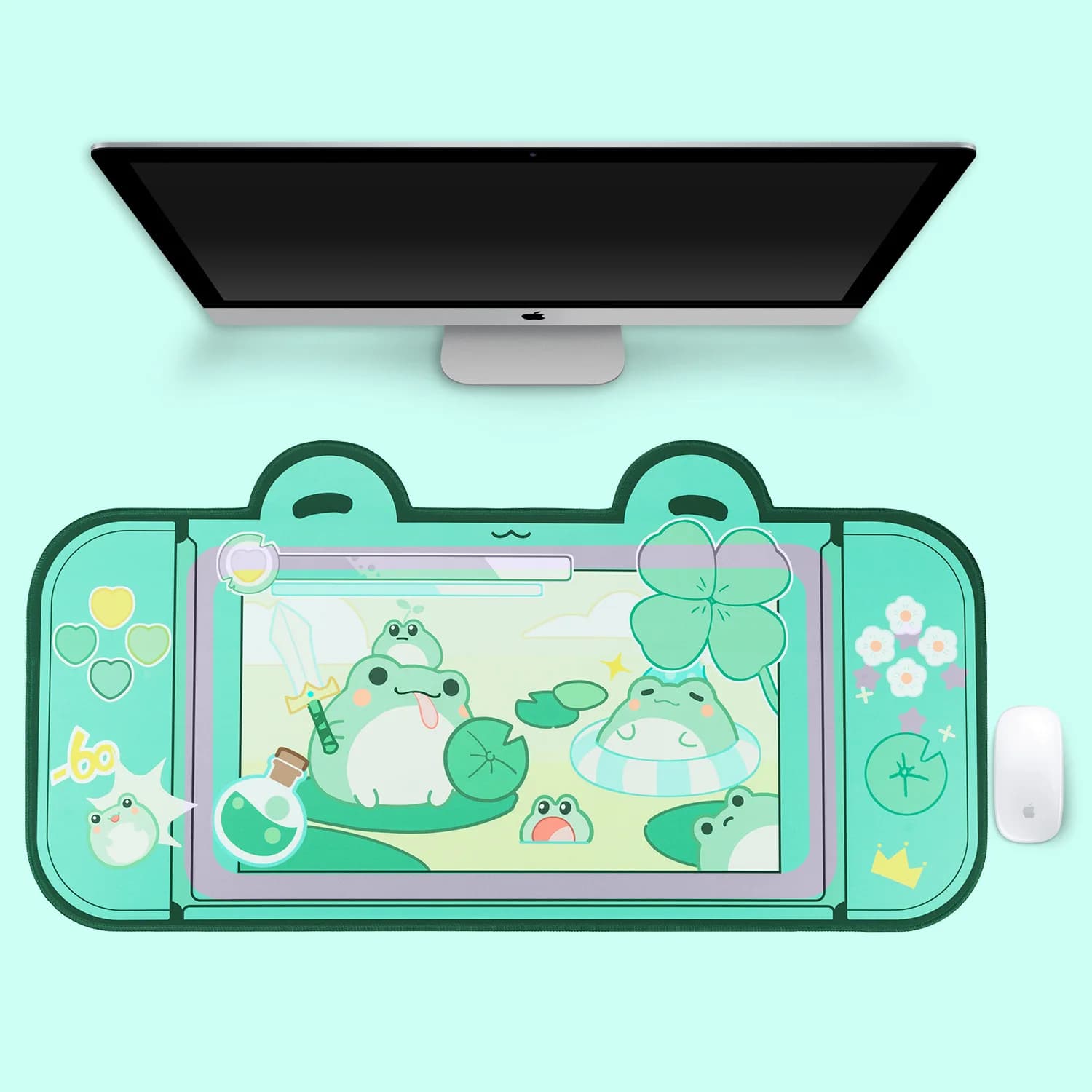 Kawaii Extra Large Cute Pastel Pink Frog Green XXL Waterproof Desk Mat for Laptop Accessories