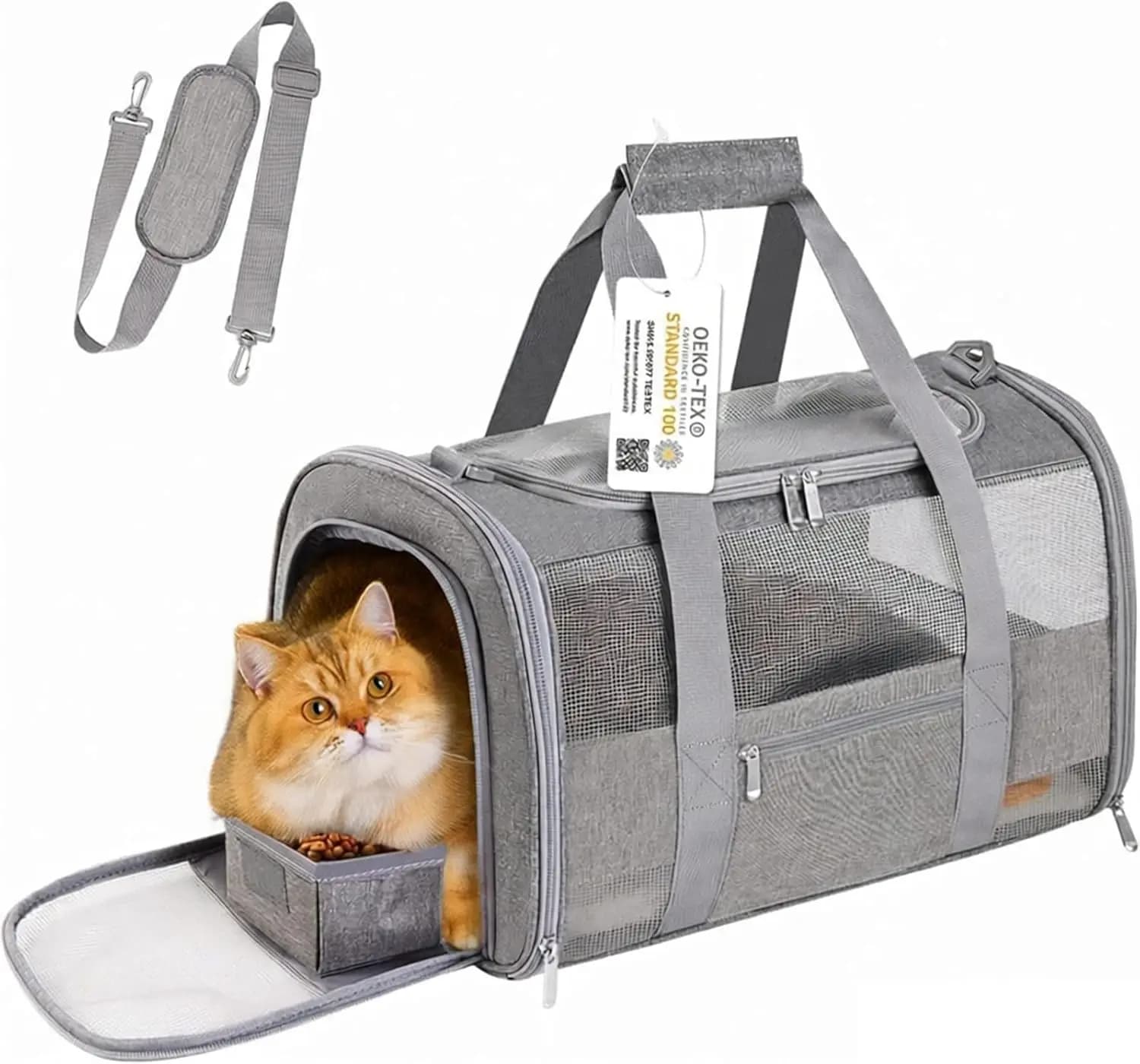 Trasportino per Gatti Approvato dalle Compagnie Aeree, 17 Pollici, da Posizionare Sotto il Sedile, con Ciotola Pieghevole, Rete Traspirante, Richiudibile e Lavabile in Lavatrice, Grigio