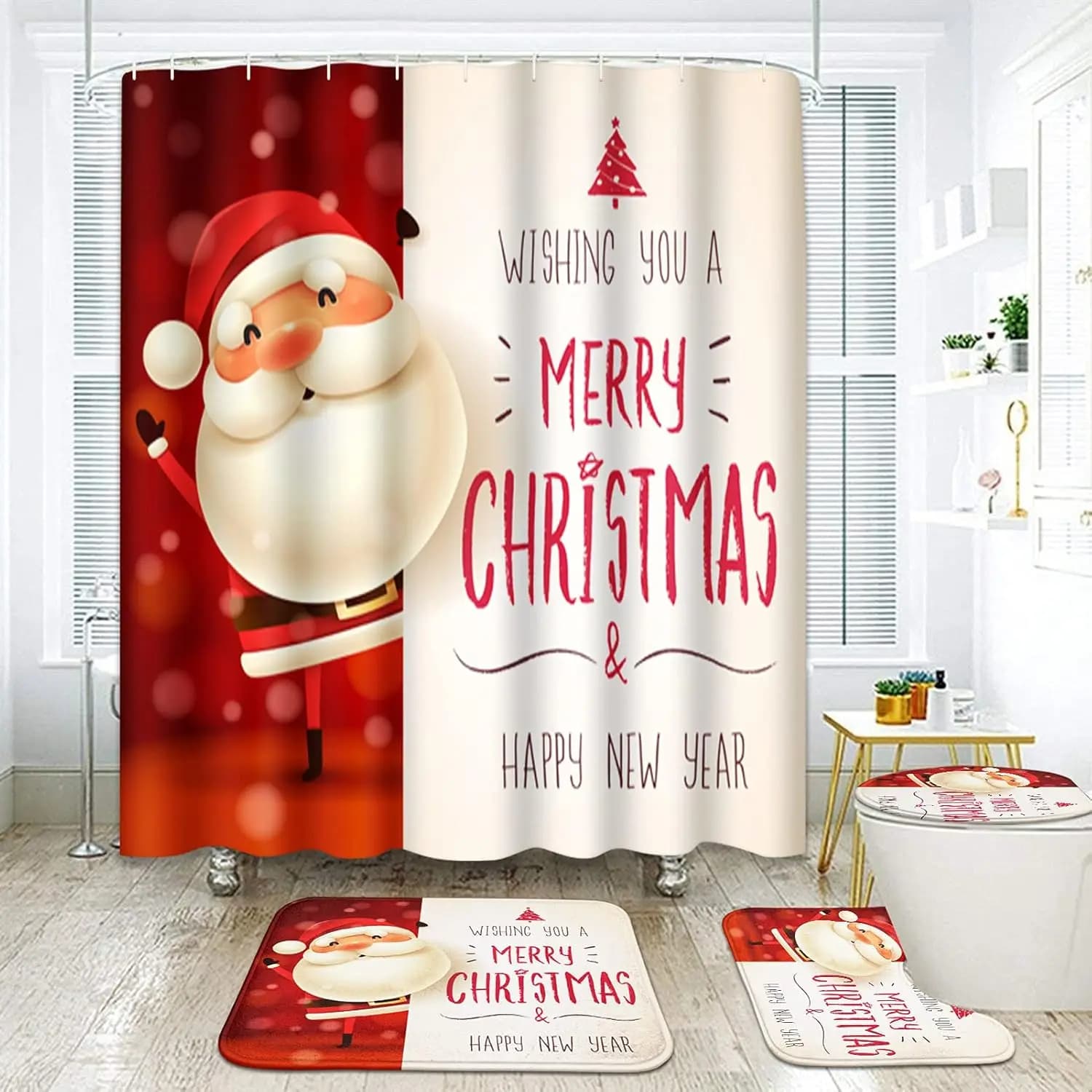 Set di tende da doccia da 4 pezzi Babbo Natale grande cartello Buon Natale con tappeti antiscivolo Copriwater e tappetino da bagno Bagno