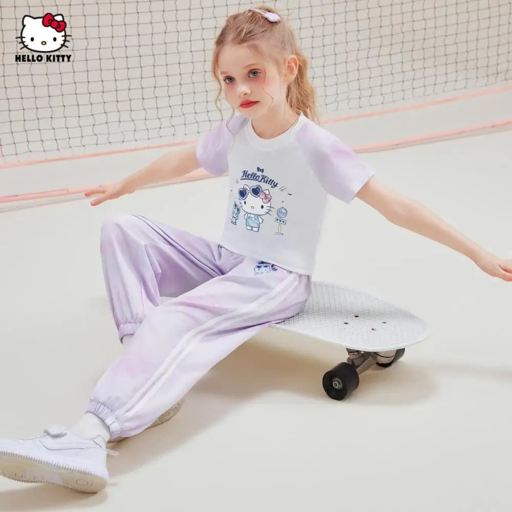 Sanrio Hello Kitty Pantaloni a maniche corte per ragazze Set T-shirt con stampa sfumata di cartoni animati Pantaloni in pizzo di pizzo Abbigliamento estivo per bambini