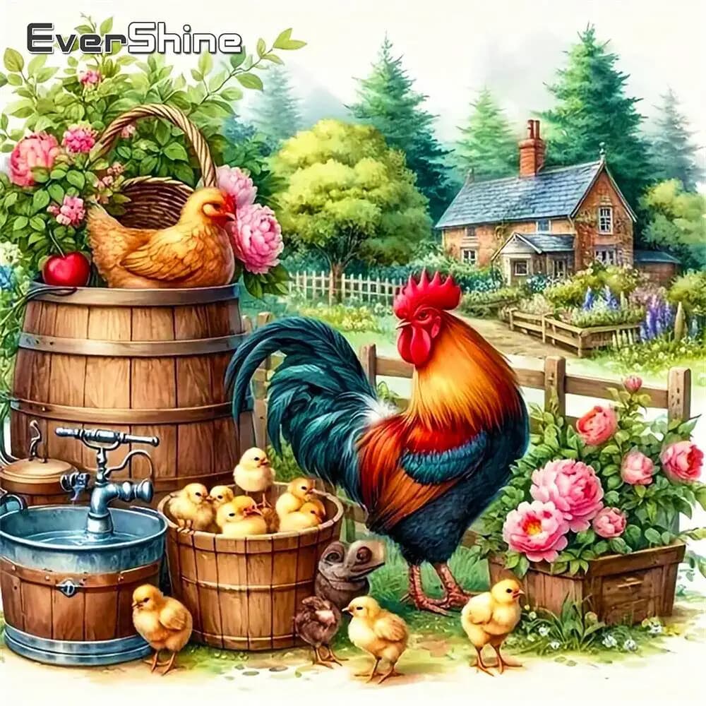 Evershine Full Square Diamond Painting Chicken Cross Stitch 5D DIY Diamond Mosaic Animal Picture Embroidery House Handmade Hobby
