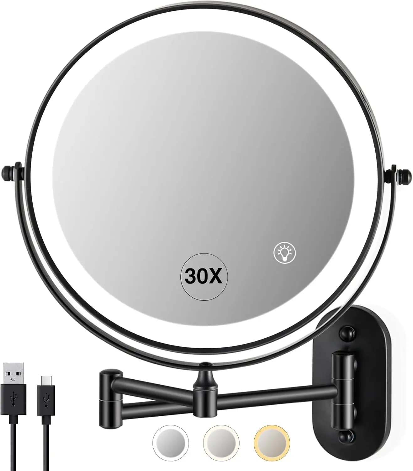 Specchio da Parete per Trucco con Luce: Specchio Ingranditore LED Bifacciale 30X/1X 8.5'' per Bagno, Nero