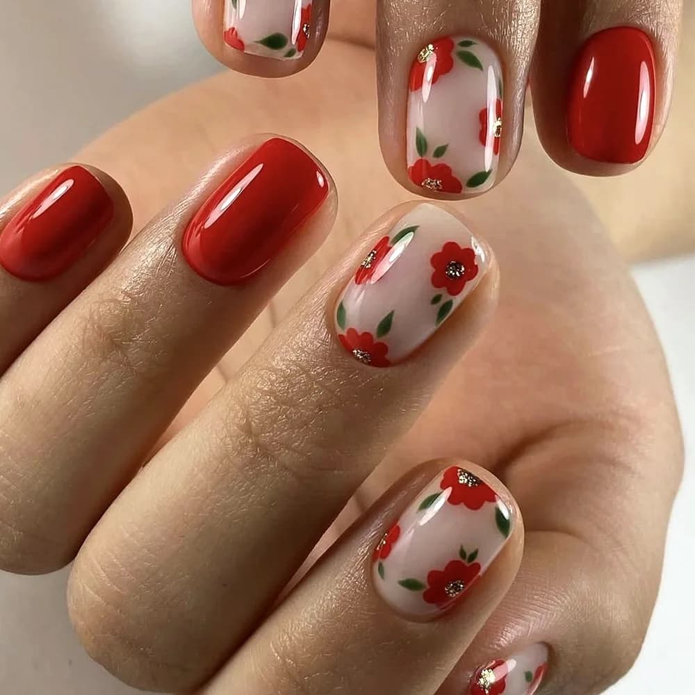 Set di 24 Unghie Finte Rosse con Polvere Brillante e Design, Unghie Press-on Corte a Testa Quadrata, Unghie Finte Rimovibili a Copertura Totale