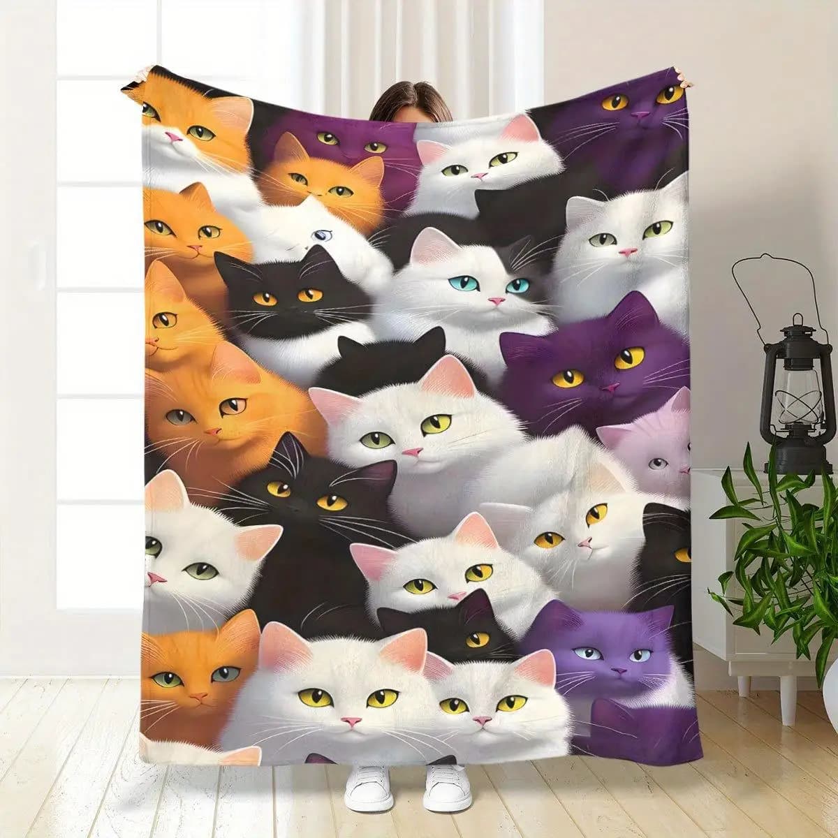 Cute British short-haired cat pattern Flannel printed blanket suitable for all seasons for living room office sofa and travel