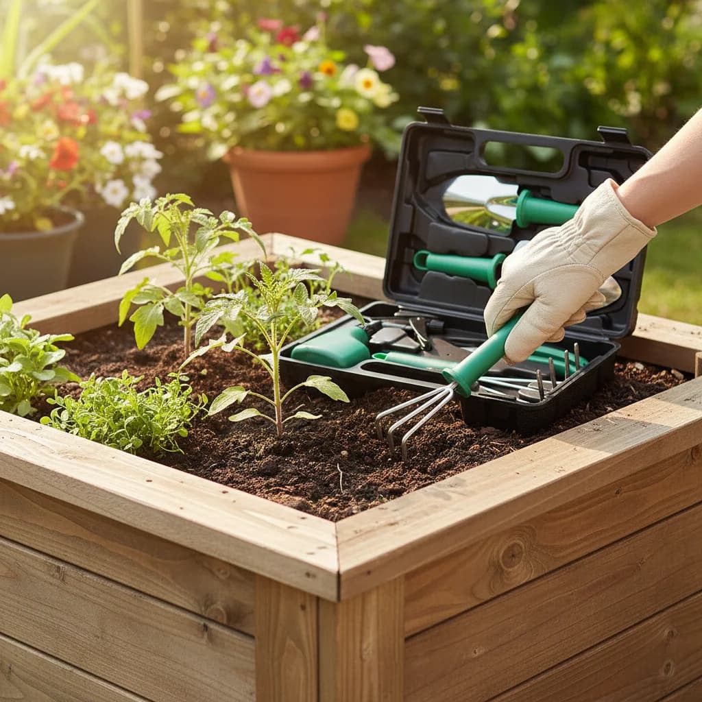 Gardening tools kit, set of 5 pieces with shears, shovel, rake, garden knife and sprayer for the care of plants and flowers in the house