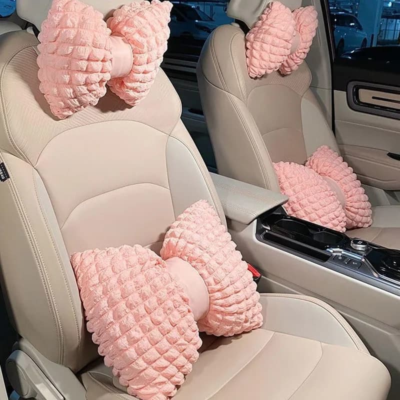 Cuscino poggiatesta per auto caldo invernale Cuscino di supporto lombare morbido peluche rosa con decorazione bowknot per accessori auto per donne e ragazze