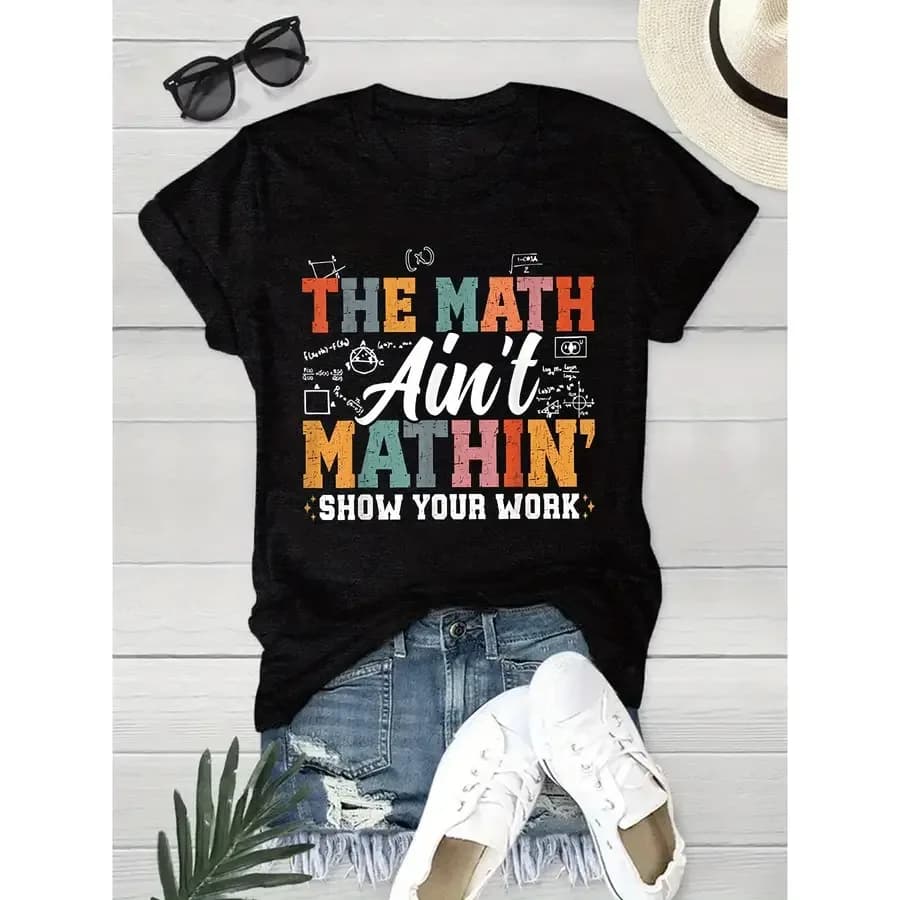 T-shirt da donna con scollo rotondo, spalle dritte, maniche corte e stampa con lettere