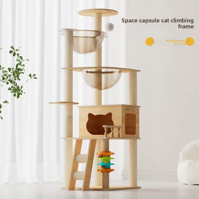 Multi-Level Cat Tree - Plush Bed Modern Cat with Scratch Post & Double Space Capsule Design for Active Cats Indoor Cat Furniture