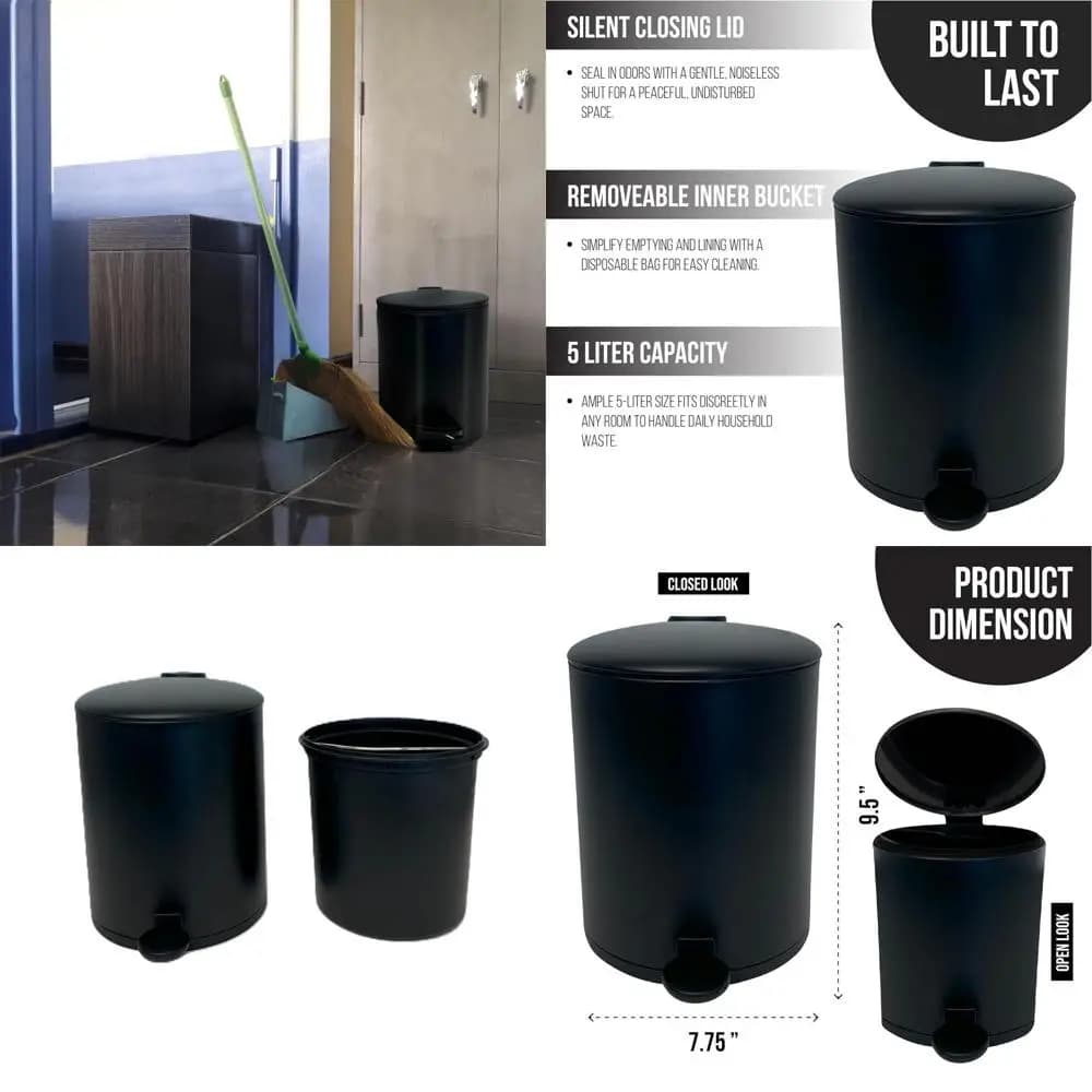 Cestino per rifiuti in acciaio inossidabile Carson nero da 5 litri con cerniera silenziosa e rivestimento rimovibile, 9,5 x 7,75